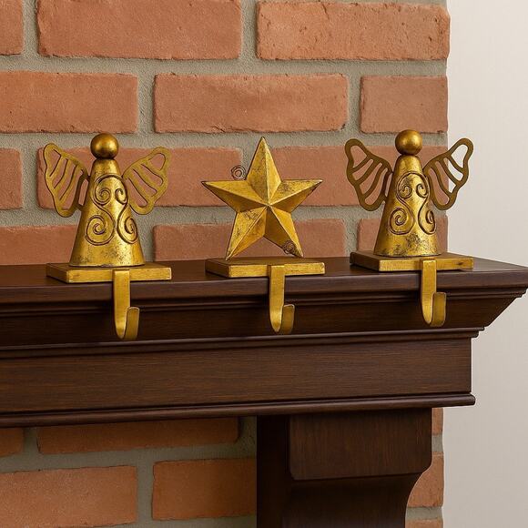 Vintage Gold Metal Stocking Holders Lot of 3 Angels & Star Mantel Hooks Rustic - Picture 1 of 11